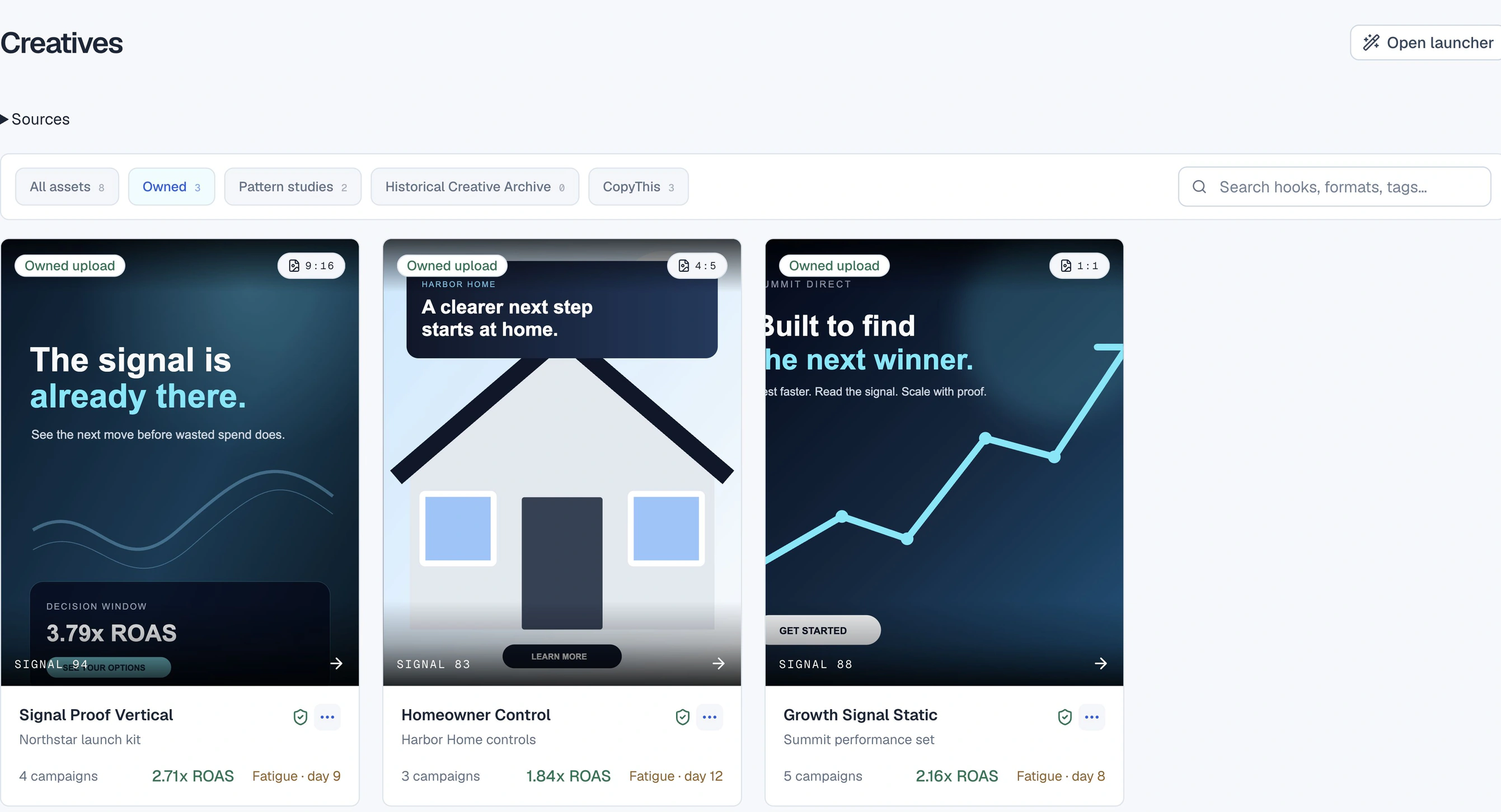 Enterprise Creative Library with three owned synthetic assets, performance summaries, and targeting insights.