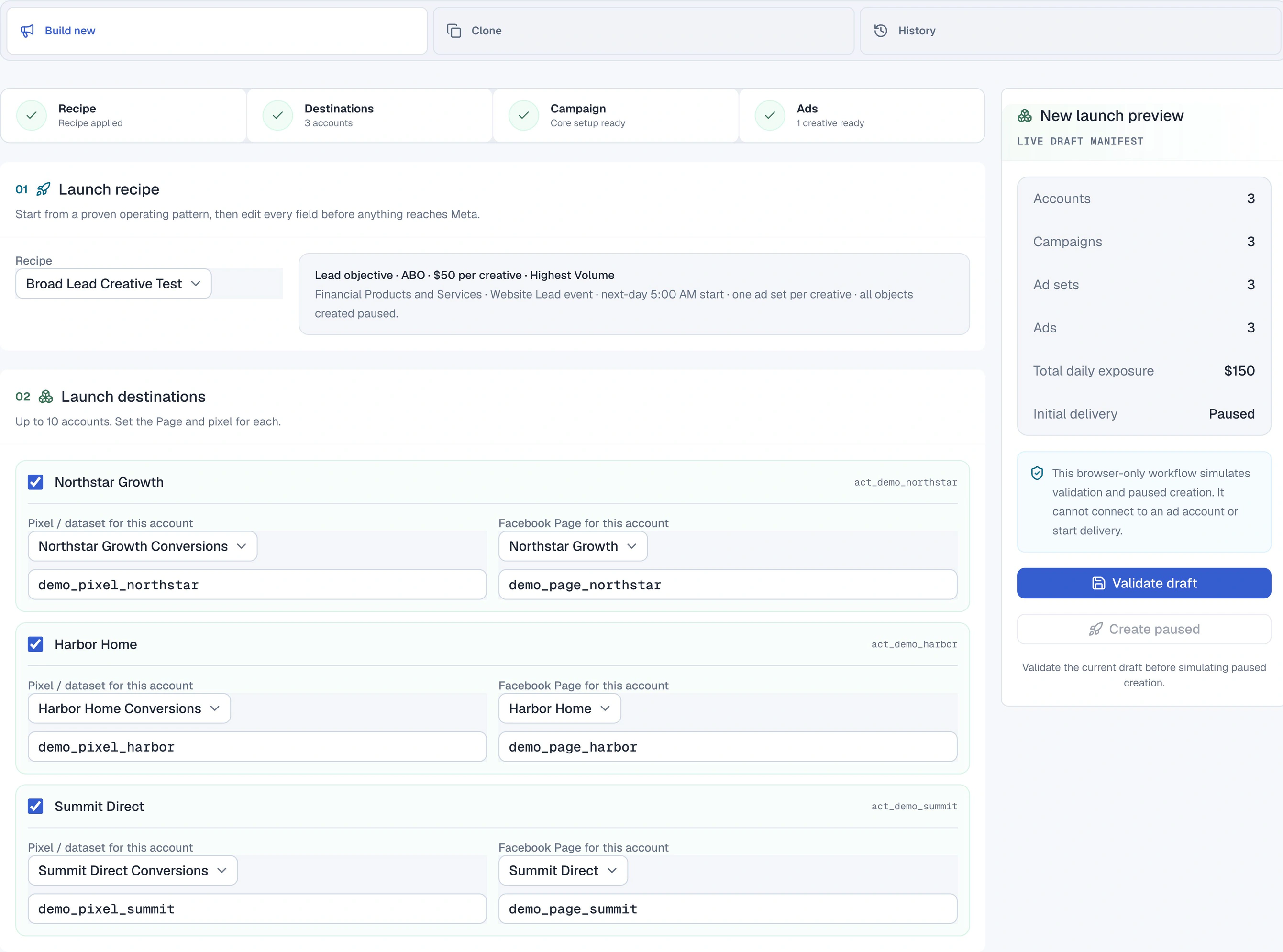 Enterprise Build new workspace with a launch recipe, three synthetic account destinations, and a paused launch summary.