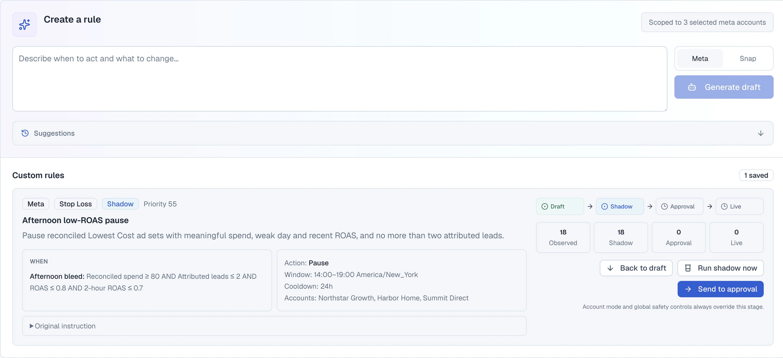 Enterprise rule lab with structured conditions, observed evidence, and promotion controls using synthetic demo data.